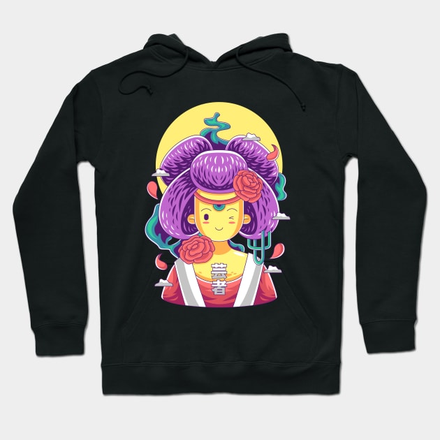 Japanese geisha with blooming rose Hoodie by Pradipta Project